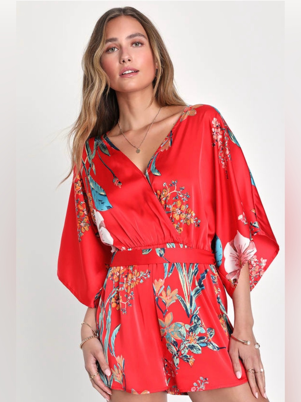 Lulus Hypnotized Red Floral Print Satin Dolman Sleeve Romper